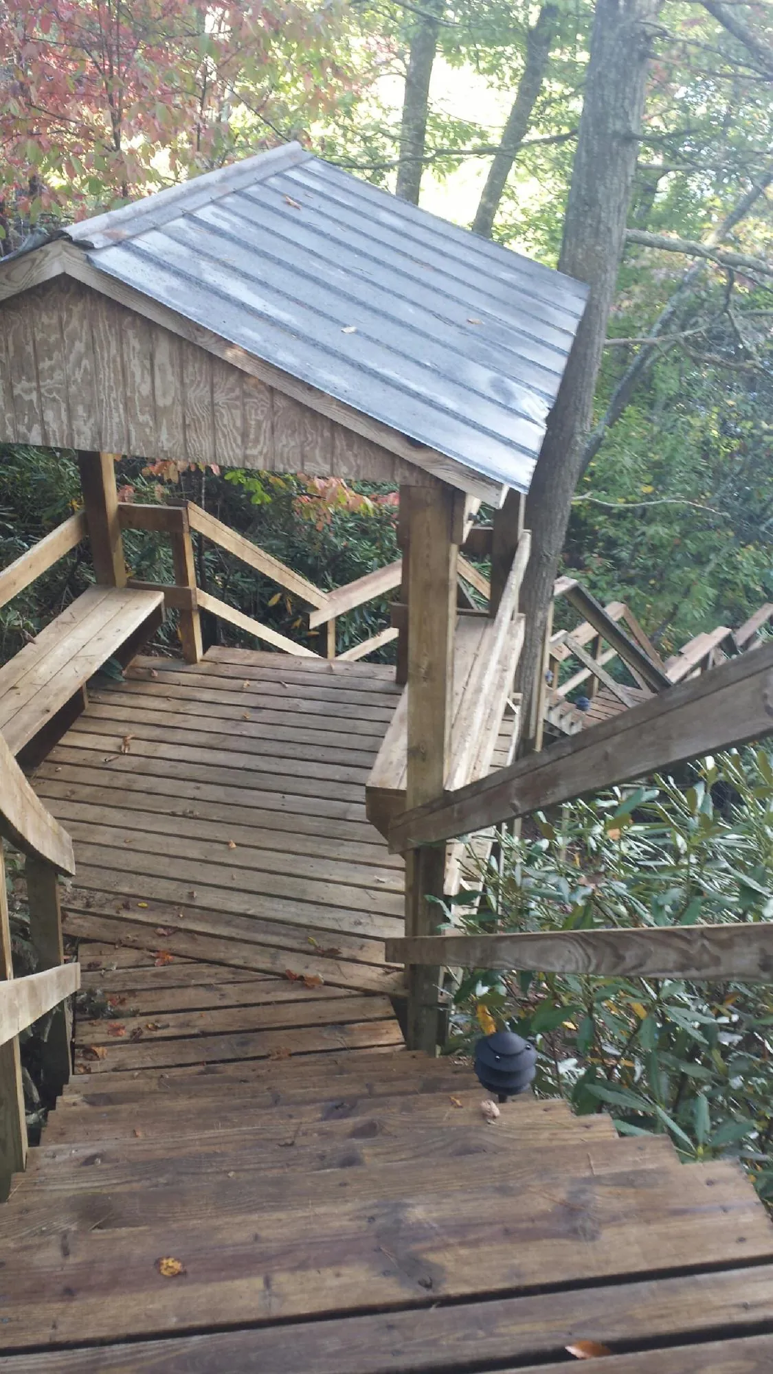 Metal roofed shelter over wooden steps on a wooded walkway — Skylight Repair & Installation work by our crew in Celina